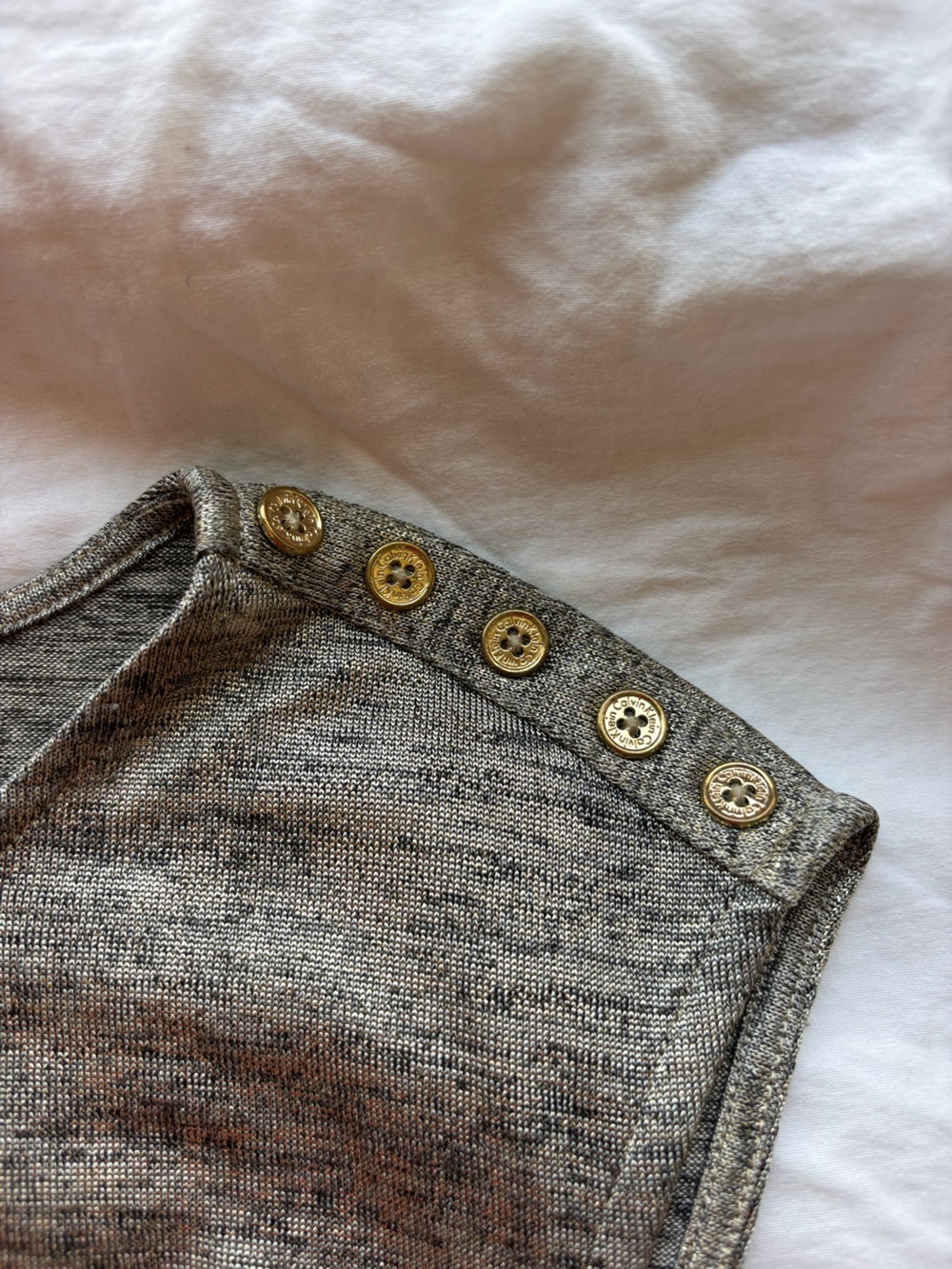 Calvin Klein Gold Metallic Sleeveless Top w/ Logo Button Detail - Picture 5 of 13